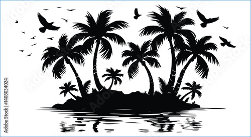 Tropical Island Silhouette Palm Trees Birds Water Vacation Black And White