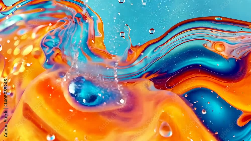 Spritzende orangeblaue Flüssigkeit in Nahaufnahme