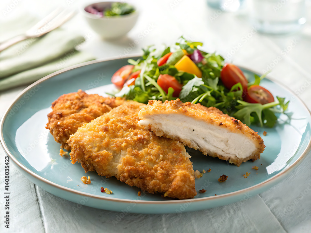 Crispy chicken cutlets with fresh salad fried chicken recipe delicious food lunch dinner healthy eating plate Crispy chicken cutlets with fresh salad fried chicken recipe delicious food lunch dinner healthy eating plate