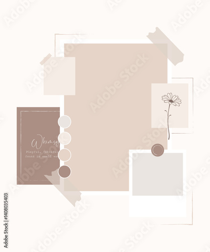 Aesthetic neutral tone collage frame with memo pad and scrapbooking style