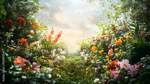 Fototapeta Naklejka Na Ścianę i Meble -  Lush floral pathway through a vibrant garden at sunrise.