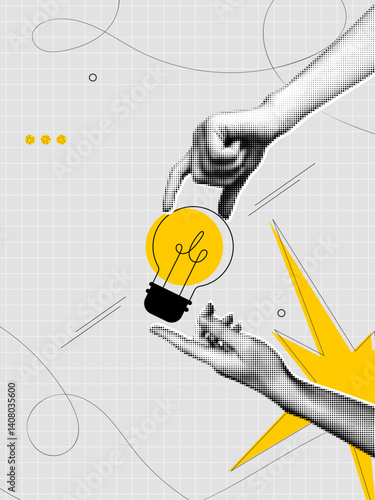 Trendy Halftone Collage Two Hands holds lightbulb. Creative mind or brainstorm. Create creative idea concept. Business solutions. Think outside the box. Marketing time. Contemporary vector art