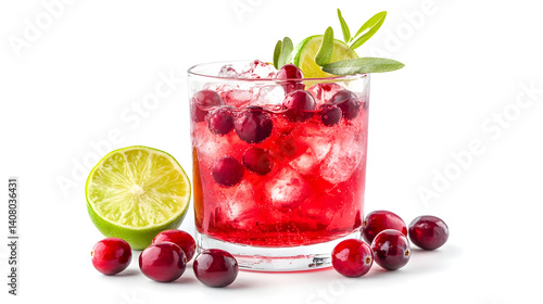 A glass of cranberry juice with a lime slice in each. The cranberry juice is pink and the lime slices are green