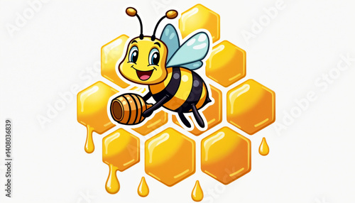 Happy cartoon bee holding honey against a honeycomb background  