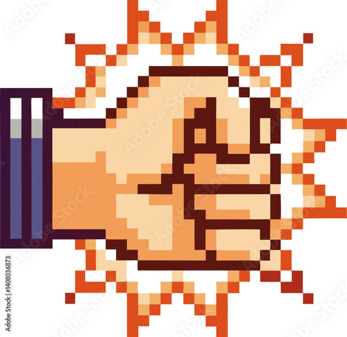 Pixel art fist bump retro gaming style, handshake, friendship energetic gesture, unity, bright burst effect
