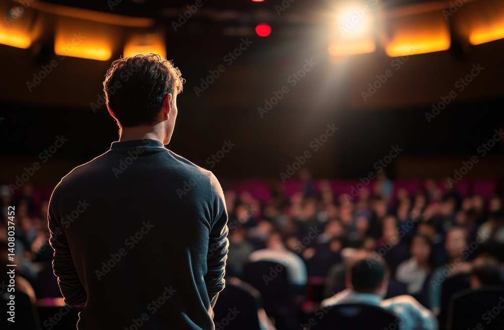 Motivational Speaker Addressing Conference Audience in Auditorium with Dramatic Lighting and Blurred Crowd Motivational Speaker Addressing Conference Audience in Auditorium with Dramatic Lighting and Blurred Crowd