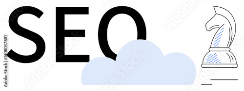 SEO text next to cloud and chess knight emphasizing strategic online planning and growth. Ideal for marketing, analytics, search optimization, business strategy, digital results, branding, strategic