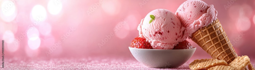 Strawberry Ice Cream in Waffle Cone and Wafers with Pink Bokeh Background Strawberry Ice Cream in Waffle Cone and Wafers with Pink Bokeh Background
