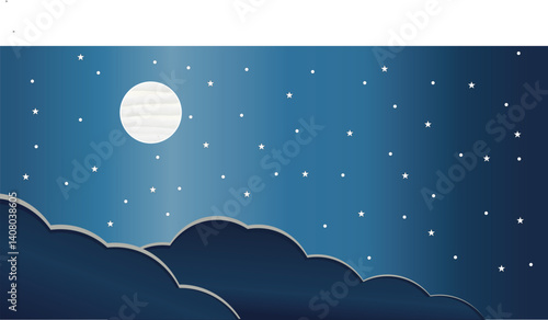 Night starry sky with full moon and cloud. Vector background with cloudy sky, moonlight A night sky with stars and a full glowing moon. Fluffy clouds on the starry sky.eps10