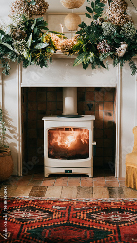 A fireplace with a white stove in front of it. The room is decorated with greenery and a yellow chair