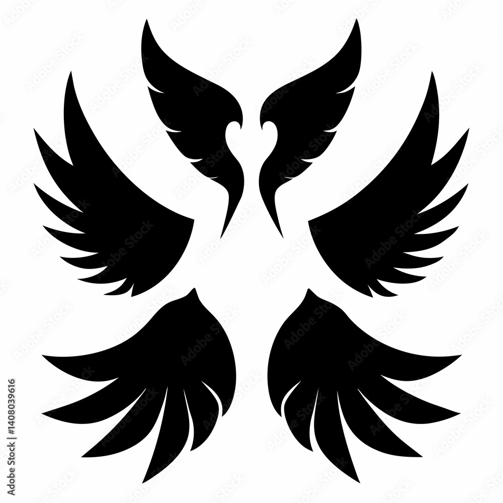 Obraz premium 6 Symmetrical Black Wing Silhouette Vector Illustrations Set