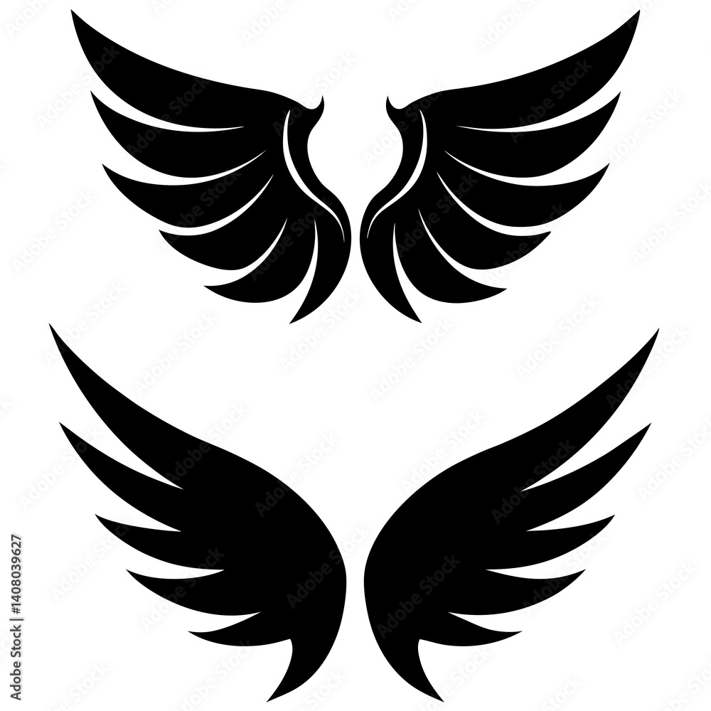 Fototapeta premium 6 Symmetrical Black Wing Silhouette Vector Illustrations Set