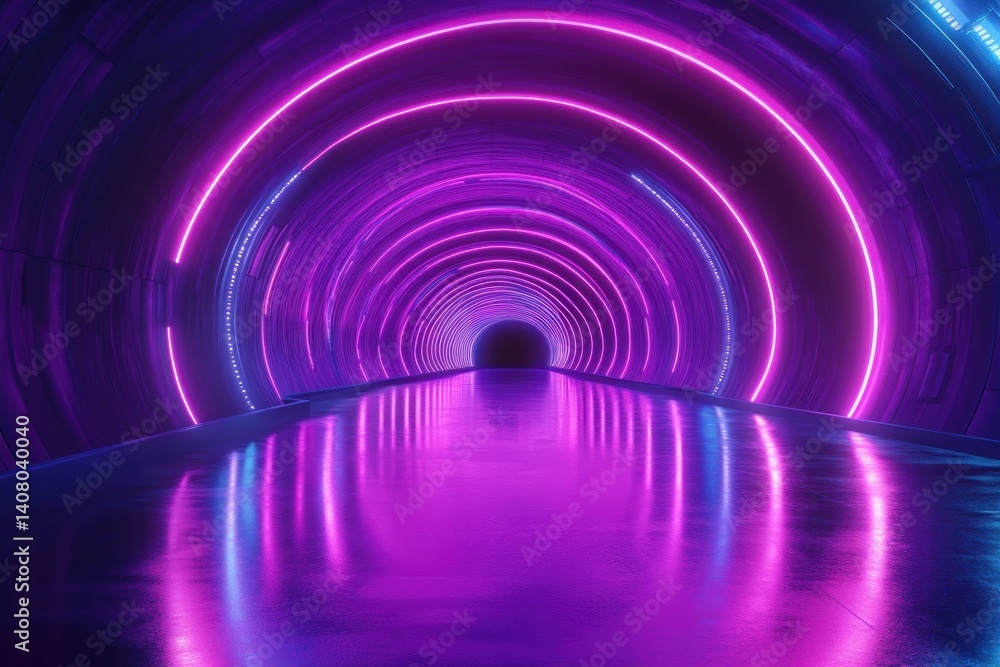 Futuristic Neon Purple Tunnel and Corridor with Glossy Floor in Abstract Digital Art Style Futuristic Neon Purple Tunnel and Corridor with Glossy Floor in Abstract Digital Art Style