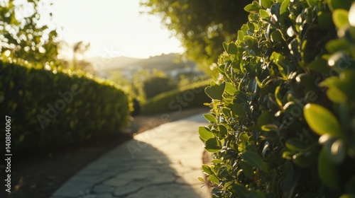 Hispanic landscaper trimming hedges in a residential garden. Featuring gardening and landscape maintenance