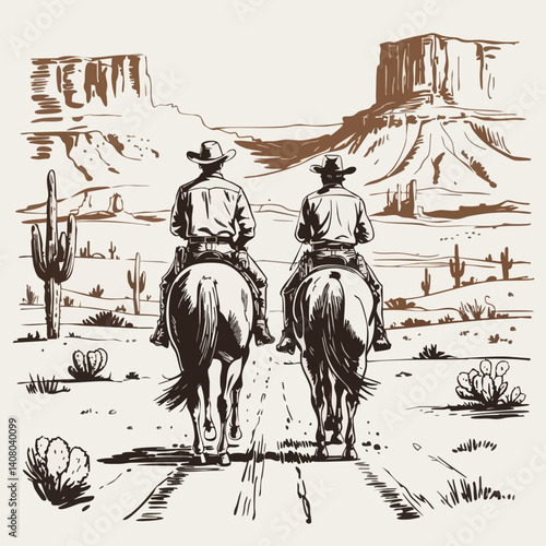 Vintage Western Sketch of Two Cowboys Riding into the Desert – Sepia Illustration of Frontier Adventure and Timeless Brotherhood
