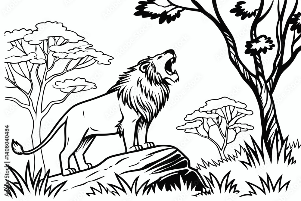 Fototapeta premium Coloring Page, A lion roaring in the middle of the wilderness, no color, black and white