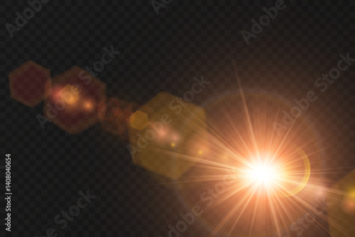Golden flare light glistens smoothly on transparent PNG layer. Star light shines in perfect circular sparkle motion. Sun flush fades softly with warm yellow tones. Glowing light overlays