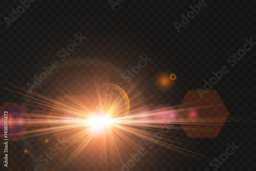 Glowing gold light flash radiates from sun-inspired core. Sunbeam transitions ripple outward with delicate lens blur. Starburst sparkle combines elegance with cosmic brightness.