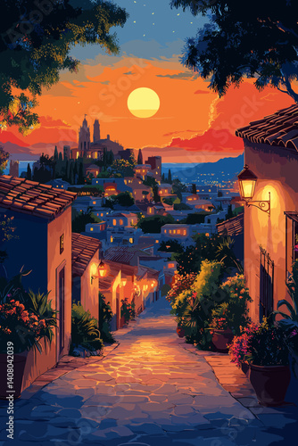 Charming street view in Barcelona at sunset, with colorful buildings, palm trees, and a scenic overlook of the city and sea in vibrant vector style