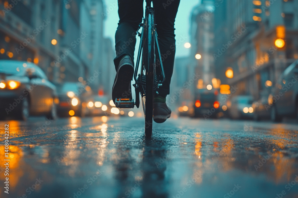 Fototapeta premium Cyclist navigating a rainy city street during twilight with blurred traffic in the background