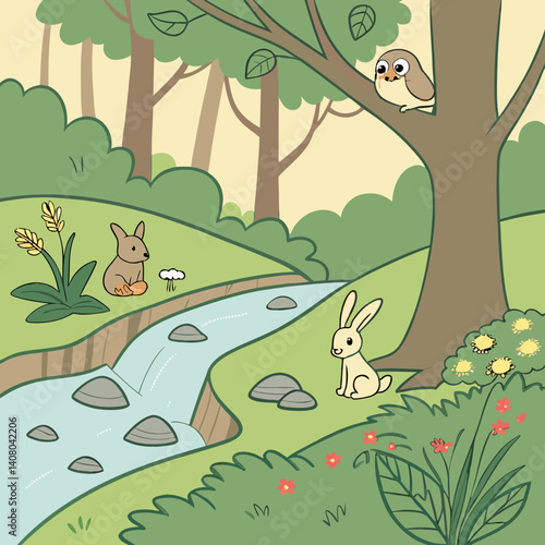 A whimsical forest scene with various small animal characters.  A stream flows through a lush, vibrant green forest.  Small, light brown rabbits are positioned near the stream, one holding an acorn. 