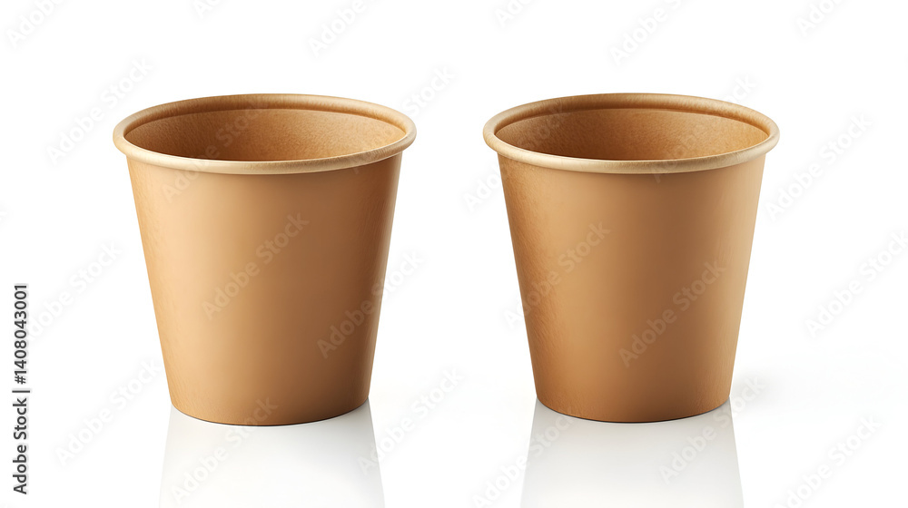 Three paper cups with brown rims. The cups are lined with white paper. The cups are sitting on a white background Three paper cups with brown rims. The cups are lined with white paper. The cups are sitting on a white background