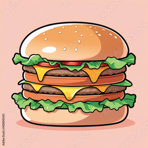 A vibrant and appetizing cartoon illustration of a cheeseburger with a sesame seed bun, fresh green lettuce, and melted cheese. Perfect for food-related designs, menus, and advertisements