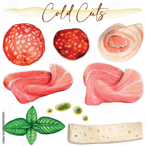 Watercolor hand drawn cold cuts and condiments