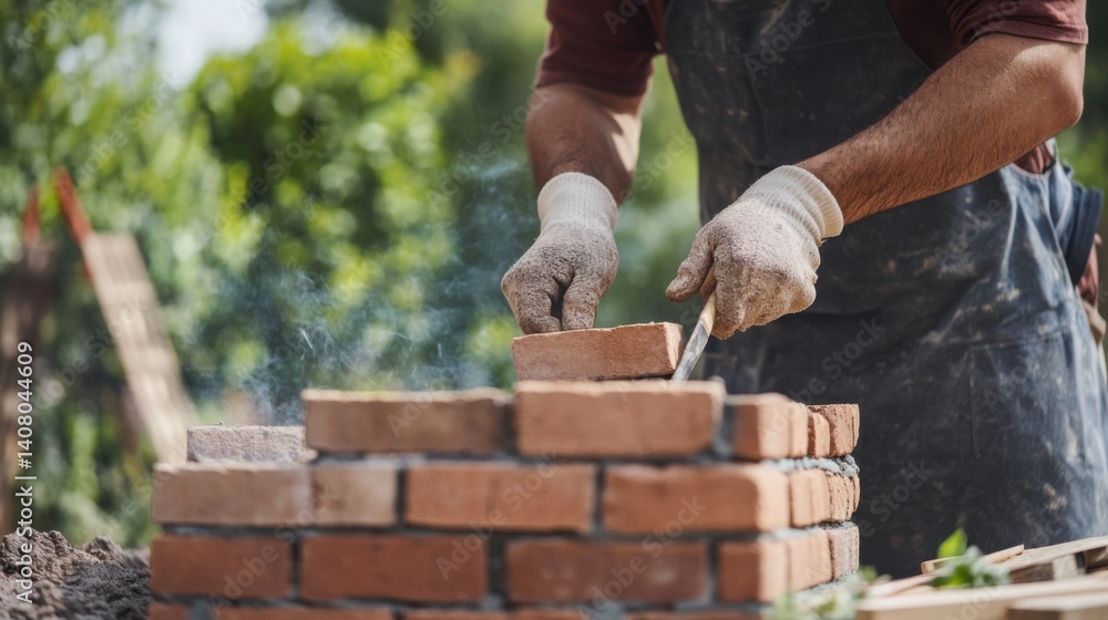 Hispanic mason building a brick barbecue in a backyard. Featuring masonry and outdoor construction Hispanic mason building a brick barbecue in a backyard. Featuring masonry and outdoor construction