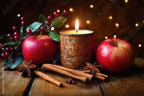 Still Life with Apples Cinnamon Sticks Candle Decor Winter Evening