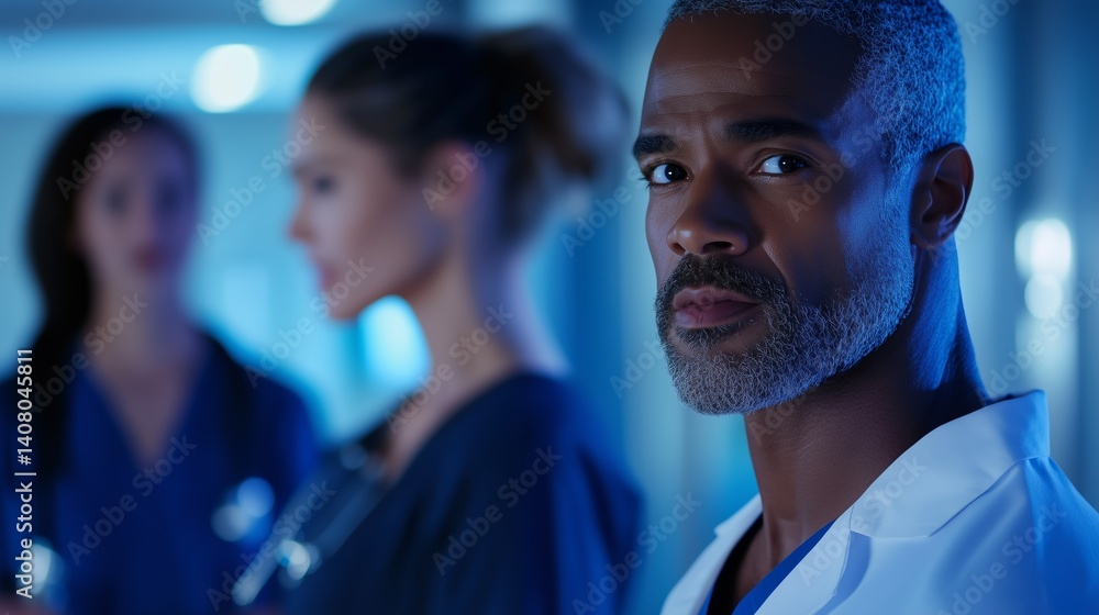 Fototapeta premium Medical professionals collaborate in a modern hospital setting during a critical night shift