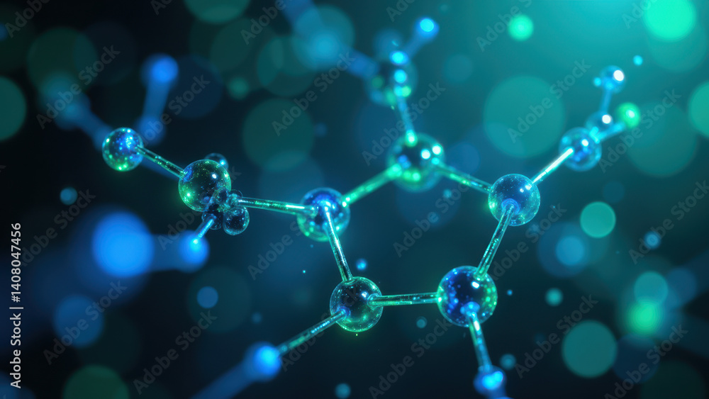 Molecular model of a GLP-1 molecule with fluorescent background. Molecular model of a GLP-1 molecule with fluorescent background.