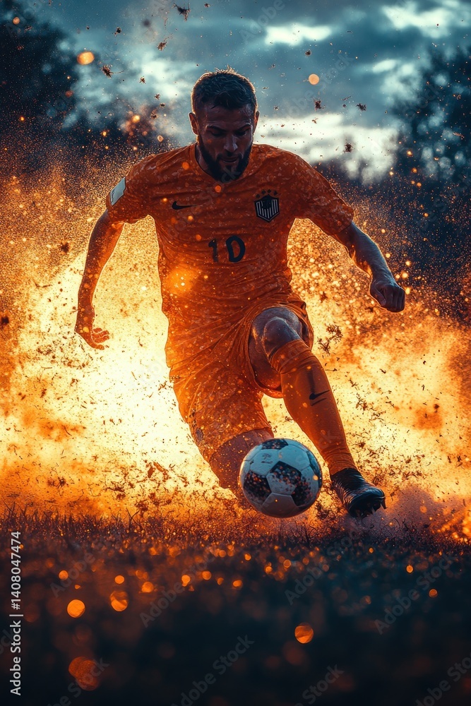 Fototapeta premium Dynamic Soccer Player Kicking Ball in Action Under Sunset Sky