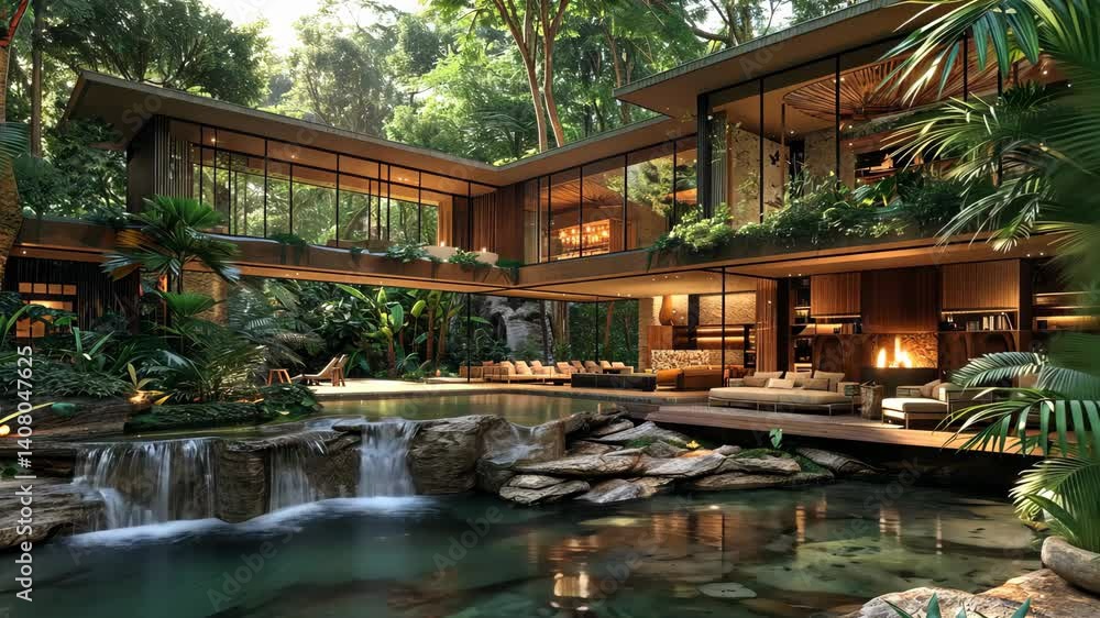 luxury property in the jungle. 2 floors straight lines. big windows. lounge furniture in front of the house. fireplace and small stream luxury property in the jungle. 2 floors straight lines. big windows. lounge furniture in front of the house. fireplace and small stream