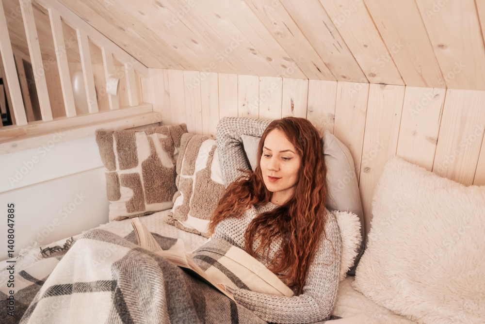 Woman Reading Book at Cozy Log Cabin in Winter