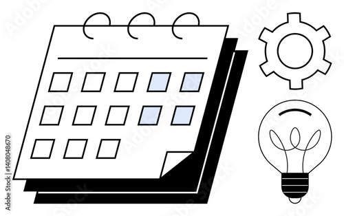 Spiral-bound calendar with days highlighted, gear icon, and lightbulb symbolizing organization, innovation, and efficiency. Ideal for productivity, planning, brainstorming, scheduling innovation