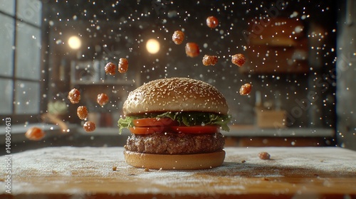 Delicious burger with flying snacks