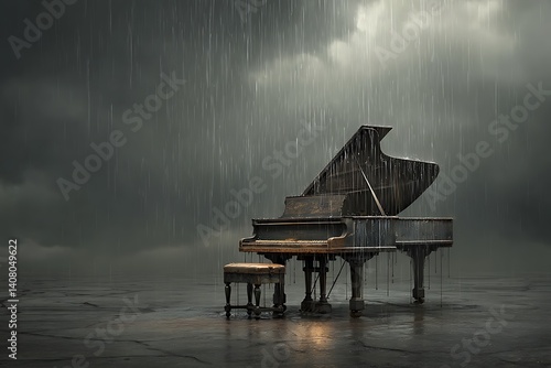 A lonely grand piano stands in the pouring rain under a dark and stormy sky, evoking a sense of melancholy and abandonment.