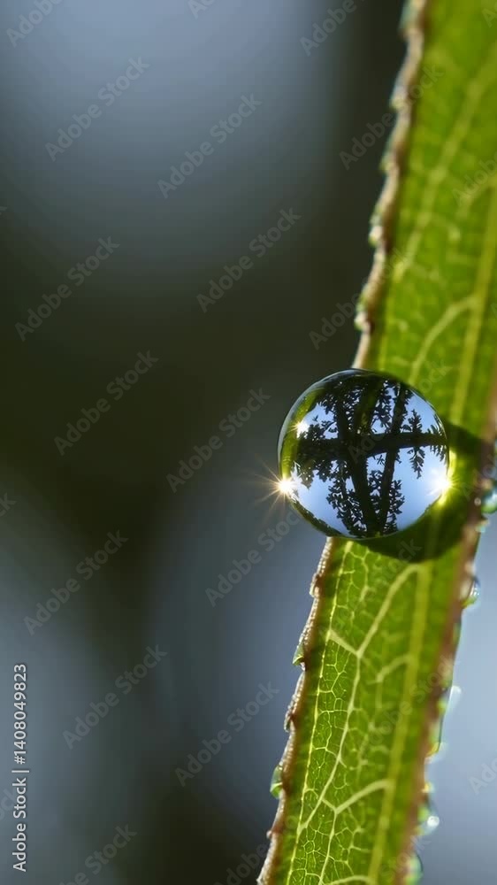 Dew drop reflecting tree in morning sunlight on leaning leaf capturing nature's beauty Dew drop reflecting tree in morning sunlight on leaning leaf capturing nature's beauty
