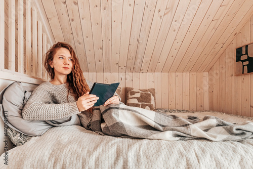 Obraz na płótnie Woman Reading Book in Bed at Log Cabin w salonie