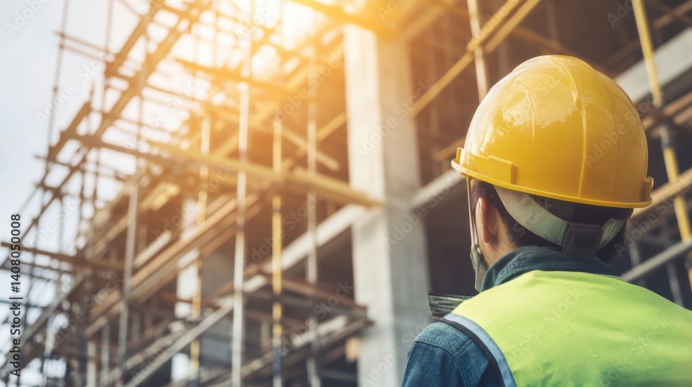 Construction worker adjusting scaffolding for safety. Featuring scaffolding setup and safety checks Construction worker adjusting scaffolding for safety. Featuring scaffolding setup and safety checks