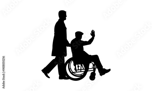 A doctor pushing an elderly man in a wheelchair vector