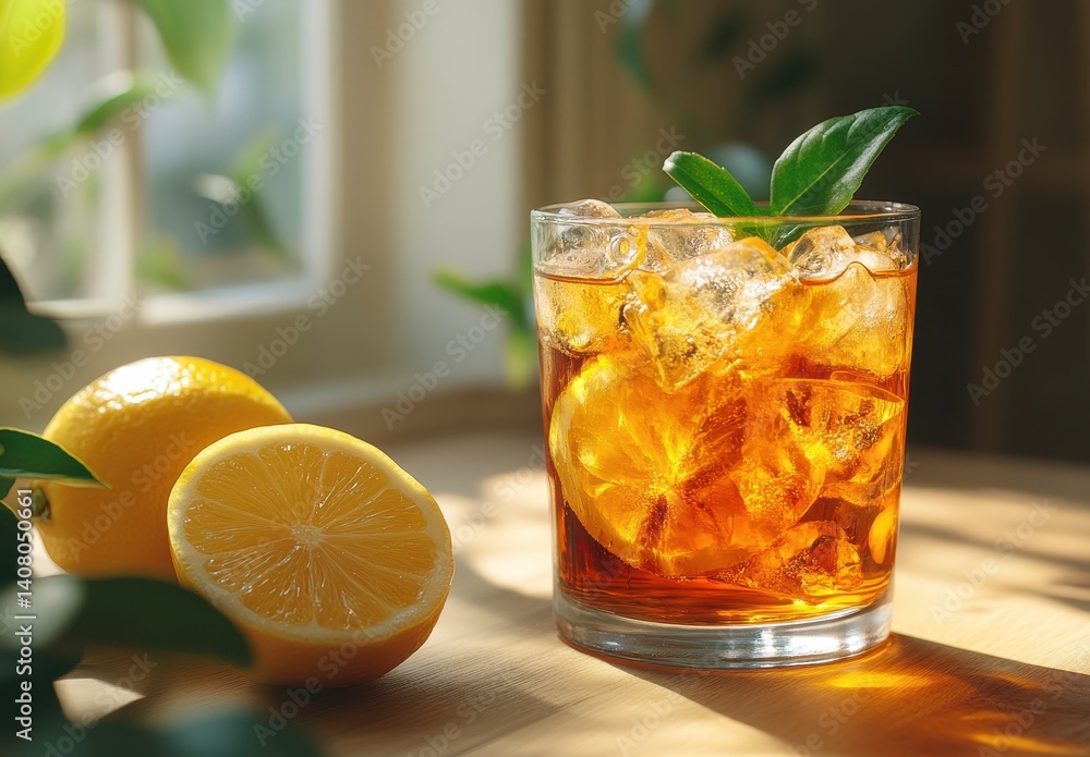 Refreshing Iced Beverage with Lemon Slices and Fresh Green Mint Leaves in Sunlit Setting on Wooden Table Refreshing Iced Beverage with Lemon Slices and Fresh Green Mint Leaves in Sunlit Setting on Wooden Table