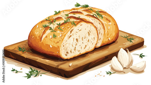 Grandma's Rustic Garlic Herb Bread Flat Vector Illustration