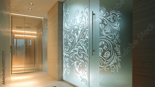 Modern etched glass shower with warm lighting high resolution picture