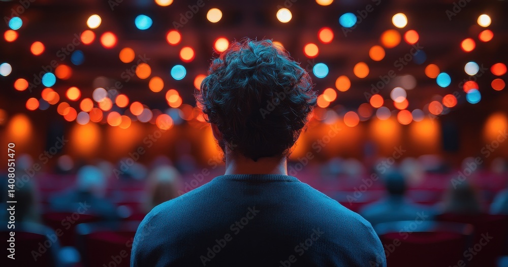 Business Seminar Speaker Presenting to Audience with Hand Pointing Forward on Stage Business Seminar Speaker Presenting to Audience with Hand Pointing Forward on Stage