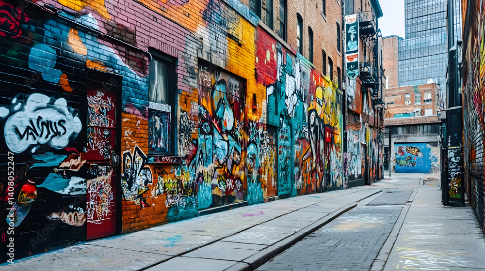 Fototapeta premium artist adding finishing touches to a large, colorful mural, with paint splatters and vibrant designs covering a brick wall in a creative urban environment 