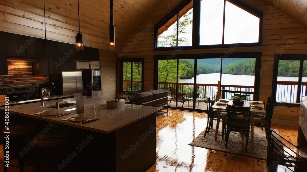 Modern wooden weekend house interior overlooking a lake