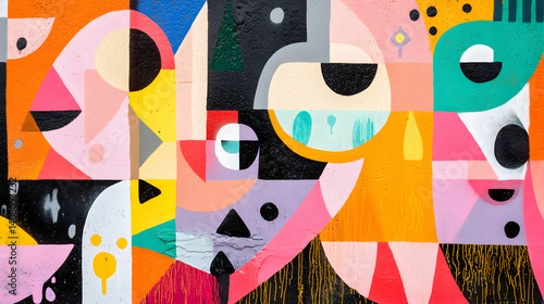 of a colorful, abstract street art piece with swirling shapes, intricate designs, and a mix of bold colors that create an eye-catching effect on the wall 