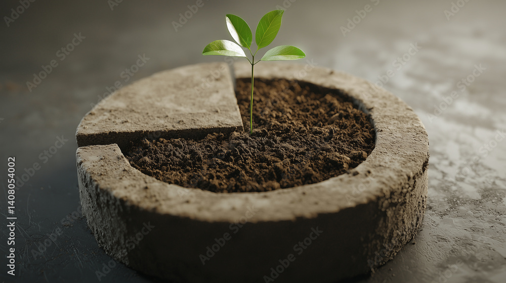 3D pie chart, one slice morphs into rich soil, glowing green plant sprouts from it, vibrant and alive